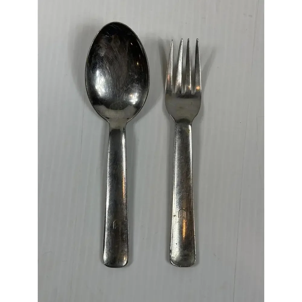 Vintage MCM Vilco Stainless Steel Fork Spoon Set Wide Handle M Above U Logo‎